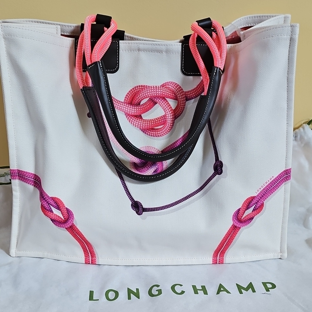 Longchamp Cream Canvas Tote with Pink and Purple Rope Accents